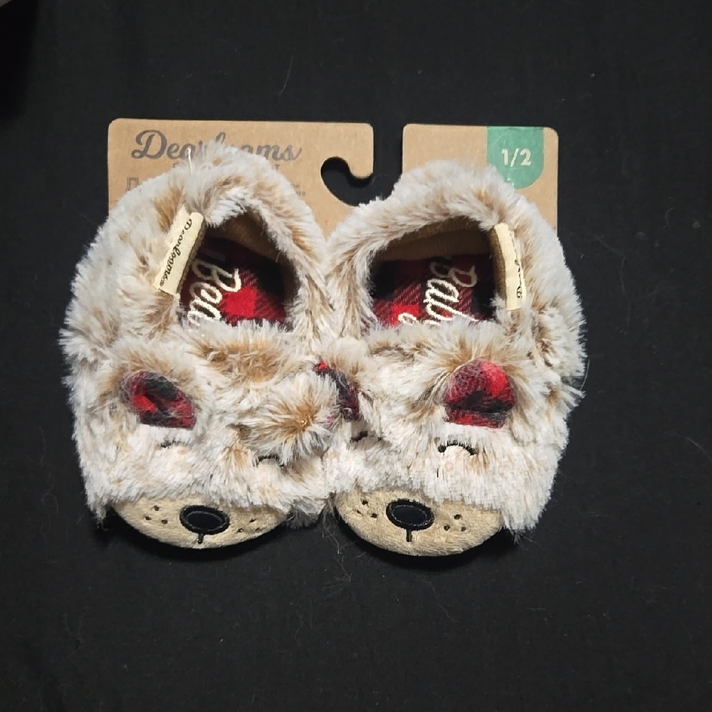 Dearfoams Fuzzy Bear Kids Slippers - Tan and Red